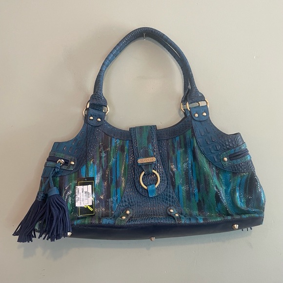 NWT Sharif Studio Womens Faux Snakeskin Tassel Elegant Shoulder Bag Blue Green - Picture 1 of 13